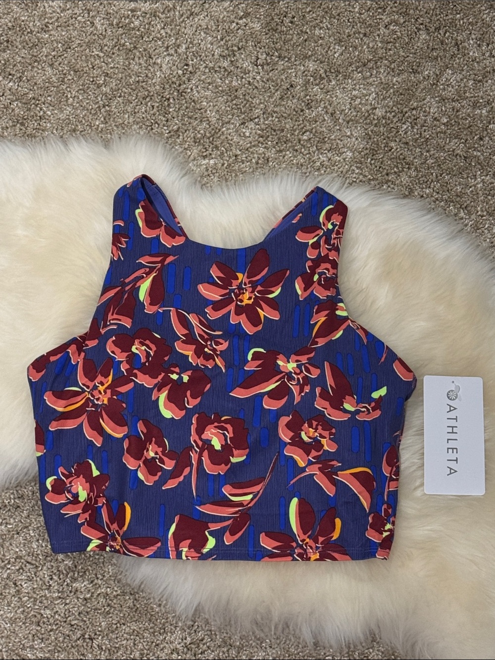 NWT Athleta Women’s Conscious Crop Blue Burgundy Floral Tank Size M DD Busty
